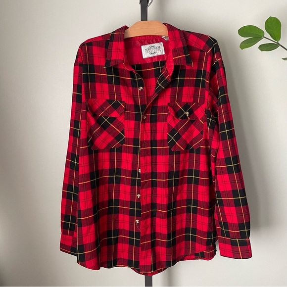Vintage Other - Vintage Northwest Territories Plaid Tartan Red Black Mens Grunge Button Down